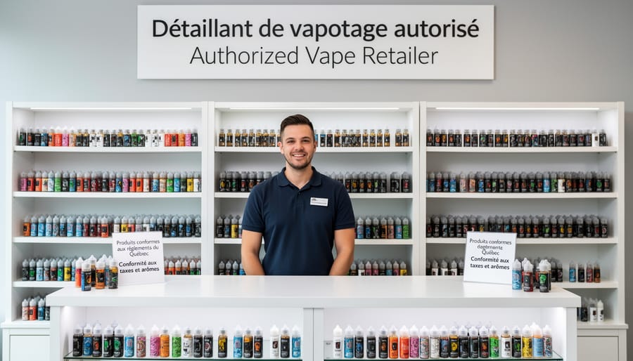 Interior of licensed Quebec vape shop with compliant products on display