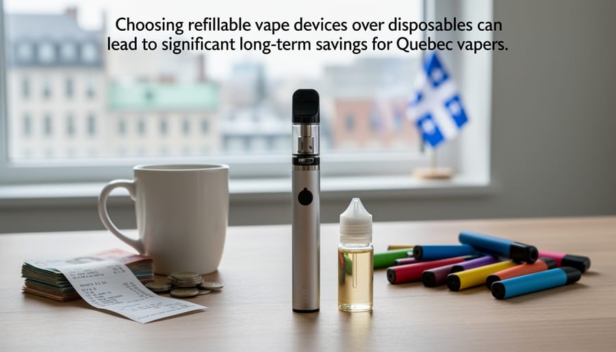 Refillable vape device with e-liquid bottle and coins showing cost savings