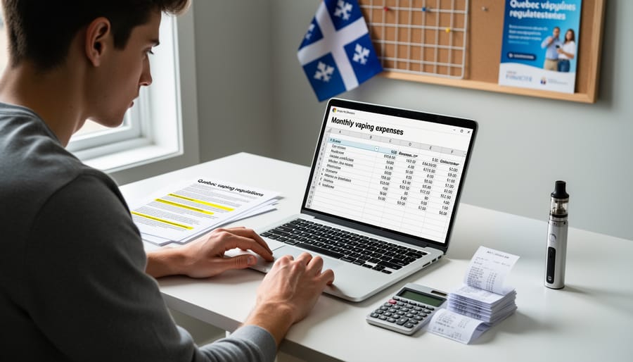 Vape devices with Canadian currency and calculator showing budget planning