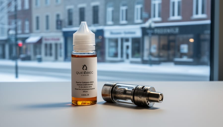 Close-up of a vaping device next to a clear e-liquid bottle with amber liquid on a tabletop, with a softly blurred city background in the distance.