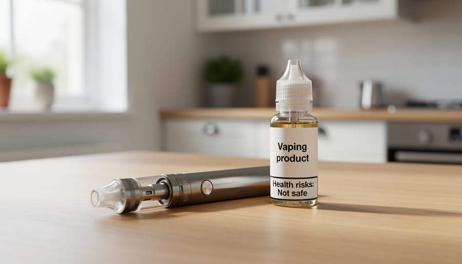 Hands holding a vape device and a bottle of vaping liquid on a kitchen table