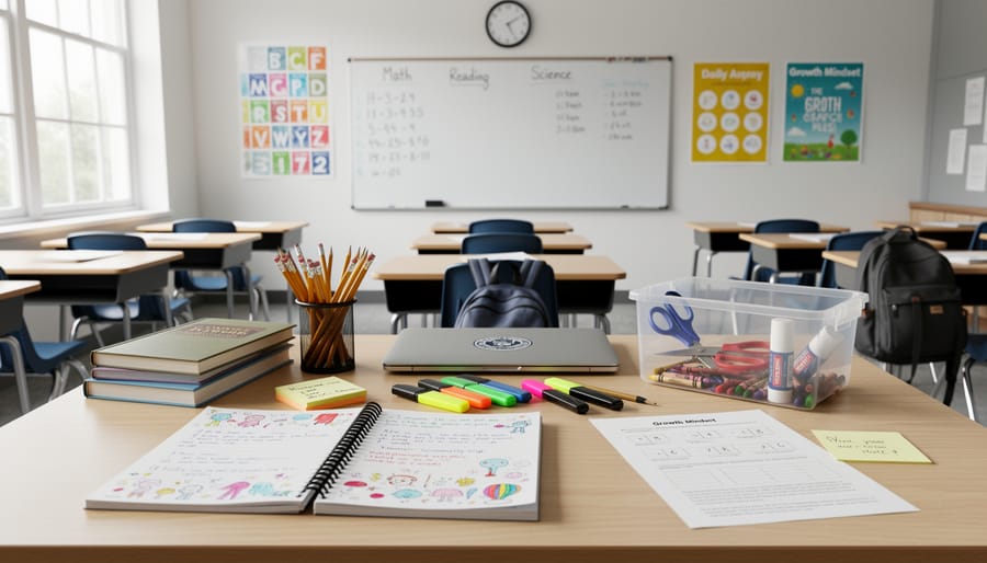 Close-up of open textbooks and pencils on a classroom desk with a small Canadian flag pin.