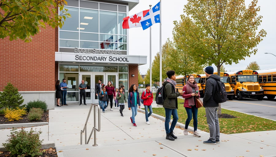 Students with backpacks entering a bright school building, representing everyday K, 12 education.